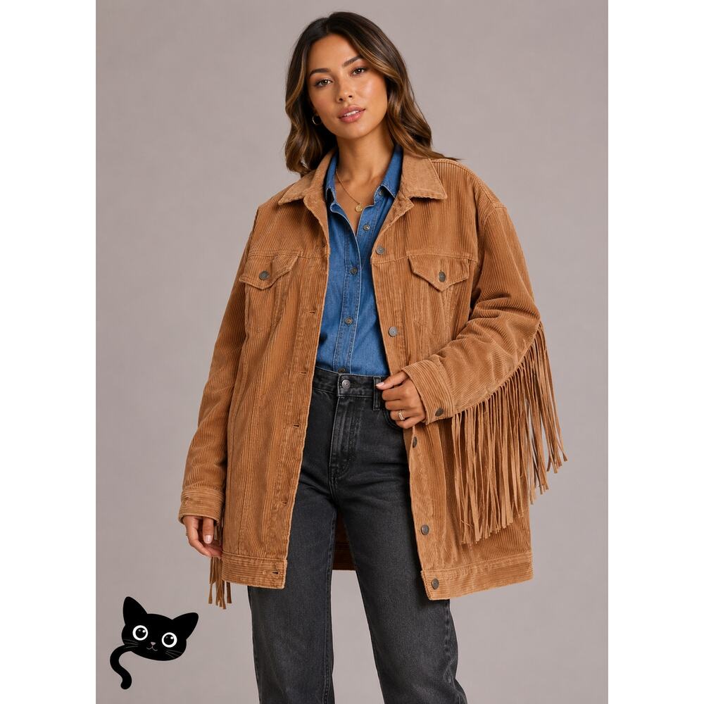 NWT Levis Karla Camel Tan Fringed Corduroy Long Trucker Button-Front Jacket XS - Picture 3 of 16